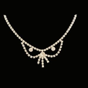 Vintage Art Deco Rhinestone Bow Drop Necklace Silver Sparkly